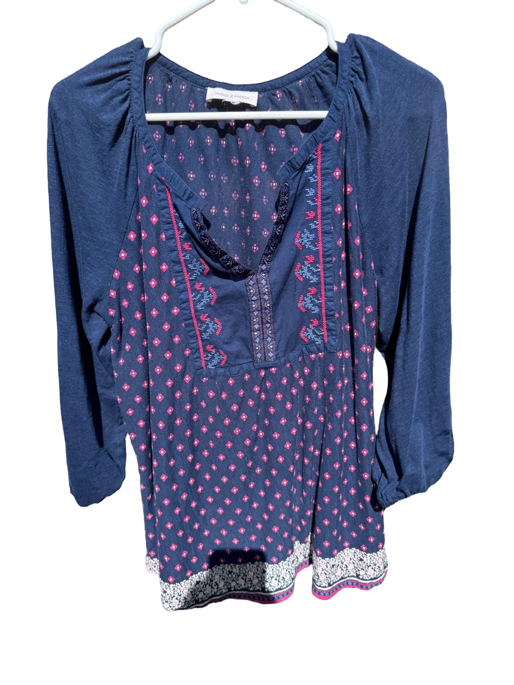 Vintage America Navy Blue Tunic with Pink Geometric Print XXL Women’s
